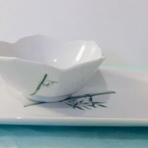 Rare Cordon Bleu Bowl & Plate set White with Green Bamboo Design Serving ware